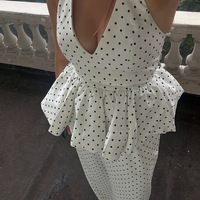 Polka Dot Printed Halter Top with Wide Leg Pants Set - Thumbnail 1