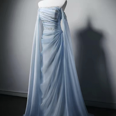 Blue chiffon beads long prom party dress
