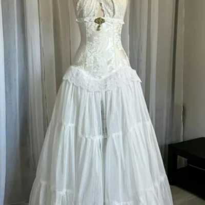 Vintage halter neck ivory lace a line wedding dress evening gown 