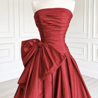 Red Satin Long A-Line Strapless Prom Party Dress - Thumbnail 2