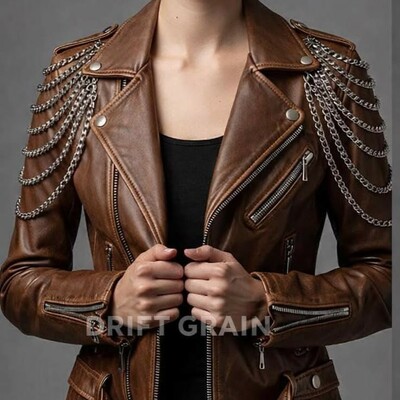 Women's brown leather biker jacket with chain shoulder detail – premium motorcycle fashion jacket
