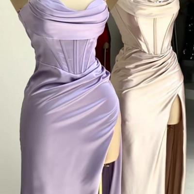 High quality spaghetti straps lilac satin prom dresses with split