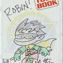 Tiny Titans Robin original cover sketch by Art Baltazar, signed in 2008, on Antarctic Press 2003 program guide