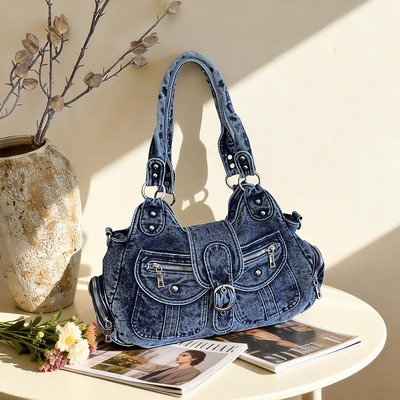 Vintage-style y2k washed denim shoulder bag - Thumbnail 1