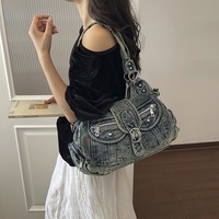 Vintage-style Y2K washed denim shoulder bag - Thumbnail 1