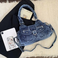 Vintage-style Y2K washed denim shoulder bag - Thumbnail 5