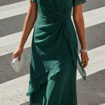 Asymmetrical ruffle short sleeve mother of bridal dress formal evening dress