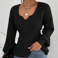 Fashion V-Neck Solid Color Long Sleeved Ruffled Sweater - Thumbnail 2
