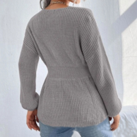 Fashion V-Neck Solid Color Long Sleeved Ruffled Sweater - Thumbnail 3