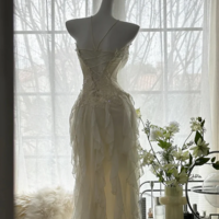 Elegant Ivory Lace Beaded Long Chiffon Ruffle Prom Dresses - Thumbnail 1