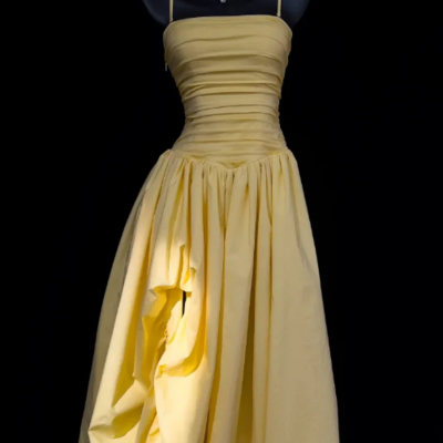 Sweet yellow floor length split prom dress