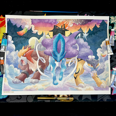 Original legendary beasts watercolor painting
