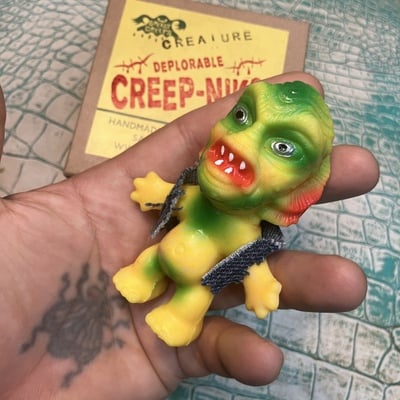 Deplorable creep-niks - creature - hand painted  rubber - denim vest w/rhinestone eyes  - Thumbnail 2