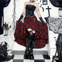 Red Checkered Irregular Adjustable Multi-Purpose Semi-Dress Dark Style Skirt - Thumbnail 2