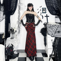 Red Checkered Irregular Adjustable Multi-Purpose Semi-Dress Dark Style Skirt - Thumbnail 3