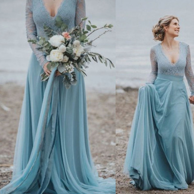 Blue v neck wedding dresses bridal gown with long sleeves