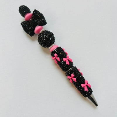 Black & hot pink bow rhinestone beaded pen