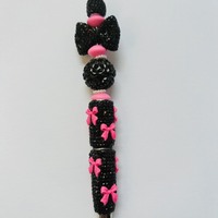 Black & Hot Pink Bow Rhinestone Beaded Pen - Thumbnail 1