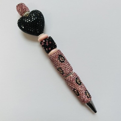 Black heart & pink animal print rhinestone beaded pen