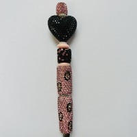 Black Heart & Pink Animal Print Rhinestone Beaded Pen - Thumbnail 1