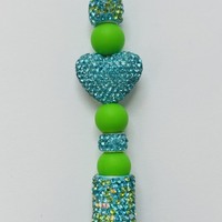 Aquamarine and Lime Green Rhinestone Beaded Pen - Thumbnail 2