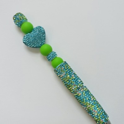 Aquamarine and lime green rhinestone beaded pen