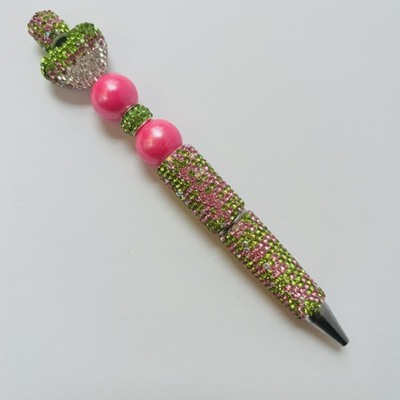 Pink and lime green rhinestone beaded pen