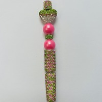 Pink and Lime Green Rhinestone Beaded Pen - Thumbnail 1