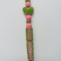 Pink and Lime Green Zig Zag Rhinestone Beaded Pen - Thumbnail 2
