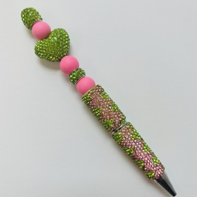 Pink and lime green zig zag rhinestone beaded pen