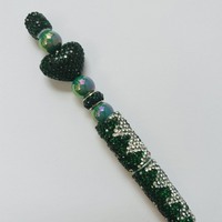 Dark Green Rhinestone Beaded Pen - Thumbnail 1