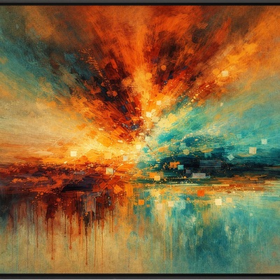 Abstract fire and water art print - teal & orange modern wall decor - Thumbnail 1