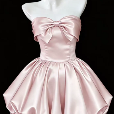 Elegant strapless a-line pink satin prom dress short party dress