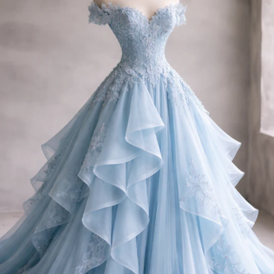 Gorgeous off shoulder pale blue mermaid tulle applique prom dress long evening dress 