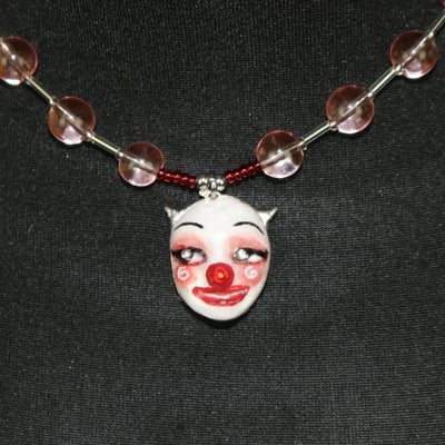 Handmade clown jester doll face necklace
