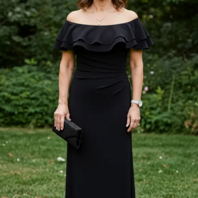 Sheath off shoulder pleated black mother of bridal dress long prom dress