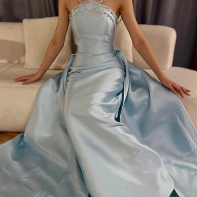 Elegant baby blue stain prom dress with beaded 