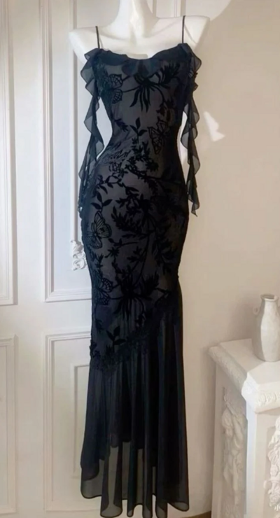 Spaghetti Straps Sheath Black Formal Evening Dresses 