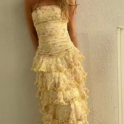 Floor length strapless ruffles prom dresses formal evening dress