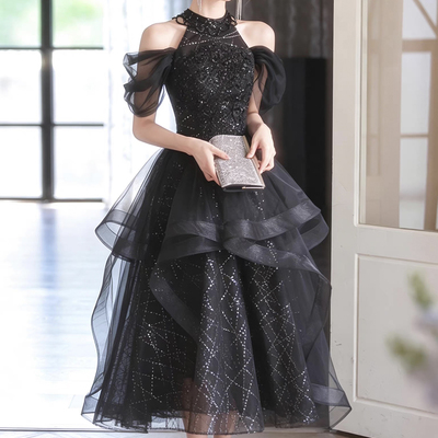 Black a-line tulle lace tea-length prom party dress
