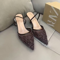 Pointed Stiletto Mesh Baotou Flower Lace High Heels - Thumbnail 1