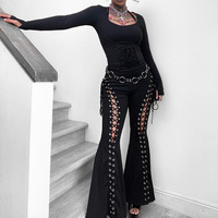 Dark Street Trend Side Strap Flared Pants - Thumbnail 2