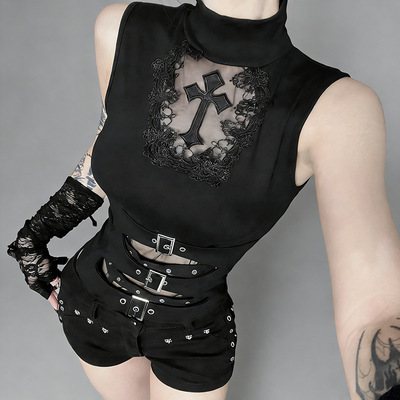 New subculture gothic style hollow cross sleeveless top