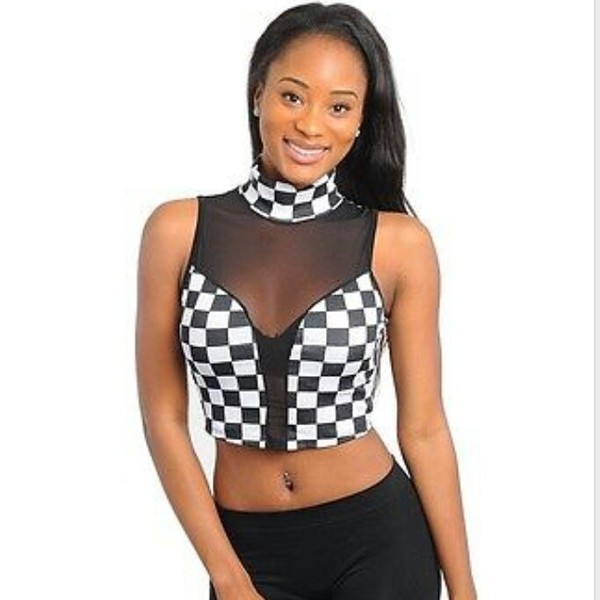 Black and White Checkered Crop top with Mesh Insert
