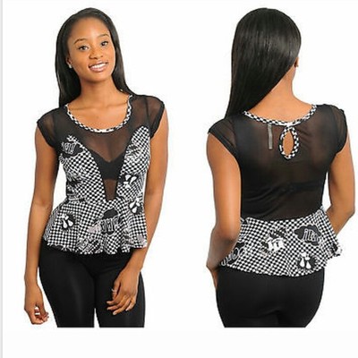 Black and white checkered peplum top w sheer top and back