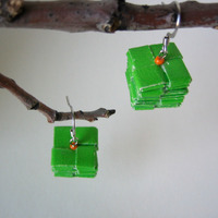 Reclaimed Paper Earrings, Green + Orange = Citrus - Thumbnail 2