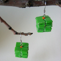 Reclaimed Paper Earrings, Green + Orange = Citrus - Thumbnail 4
