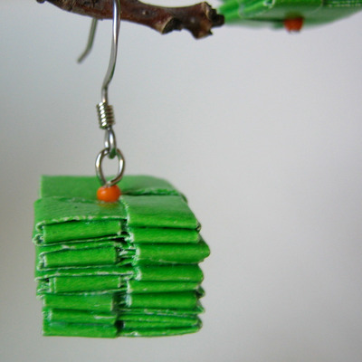 Reclaimed paper earrings, green + orange = citrus