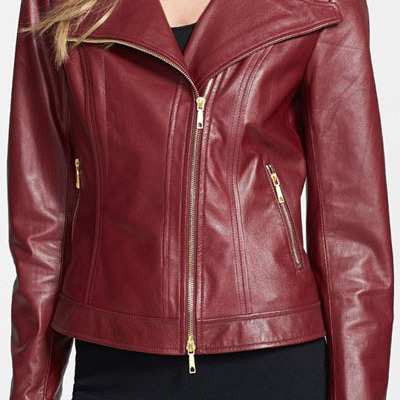 Women red biker leather jacket, women maroon biker leather jacket