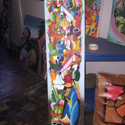 Traditional market scene painting 10" x 30"